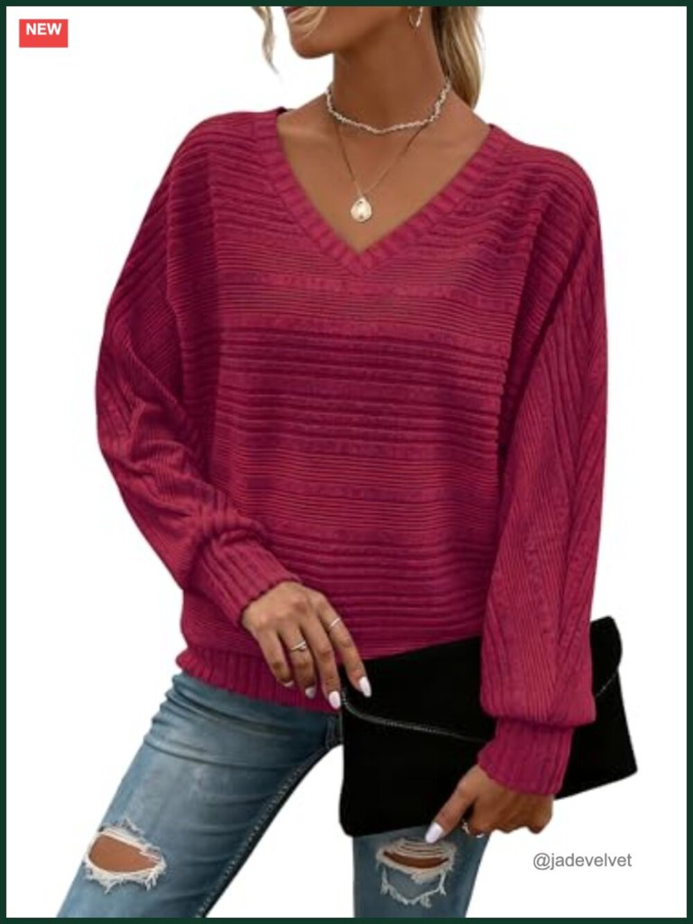 Women's V-Neck Batwing Sleeve Tunic Sweater Long Sleeve Pullover